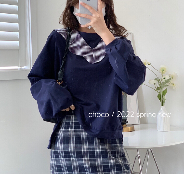 New year in early spring! [choco] Korean Pullover Plaid splicing long sleeve T-shirt t7305# HBx