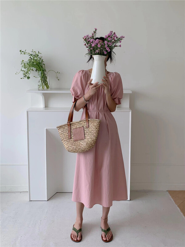 Five colors! [Chennai] French round neck clean color bubble sleeve dress 222s027# zxx