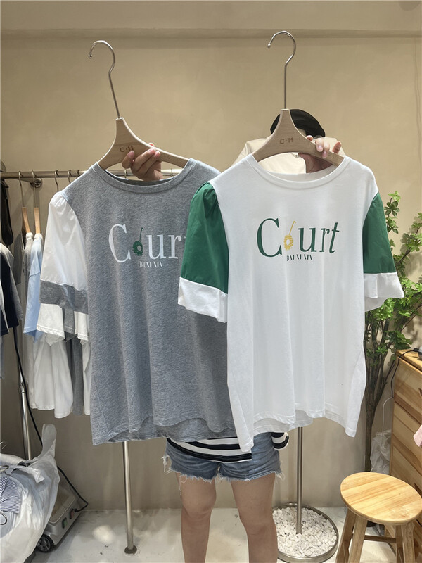 New in early summer! [C.H] casual contrast letter bubble sleeve short sleeve T-shirt 553# LSW