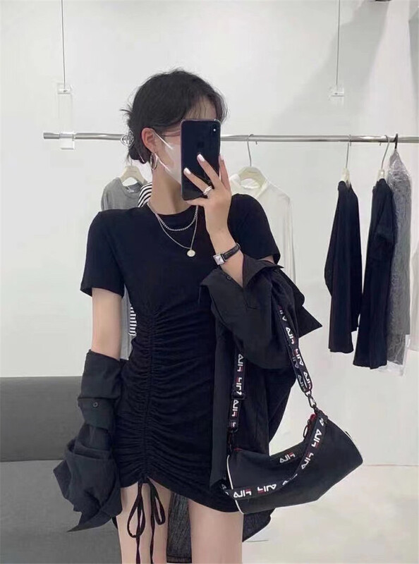 New in early summer! [Hb] short sleeve drawstring clear color round neck dress 8219# PCZ