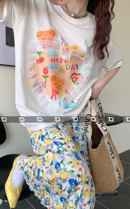 New in early summer! [tangdou original] lace bear print short sleeve T-shirt 9590# WTT