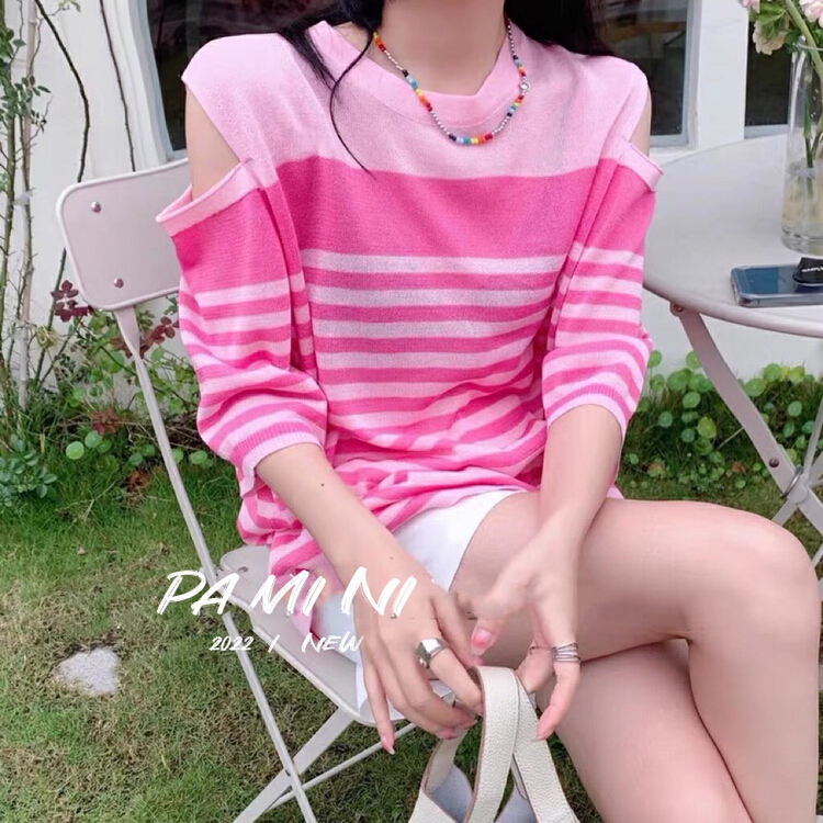 [pamini] off shoulder striped ice contrast loose and versatile T-shirt 22126# Cl