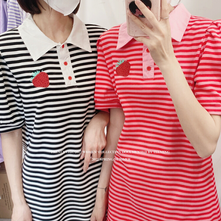 New in early summer! [teem ing] Striped Polo embroidered strawberry dress 22t193# hjy