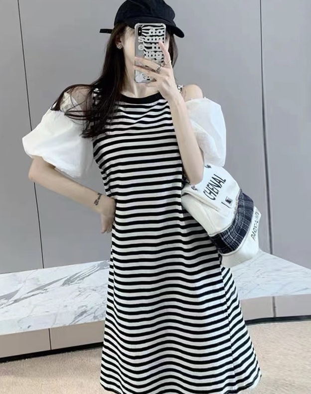 [JH] Korean stripe loose bubble sleeve off shoulder dress 41642# PCZ