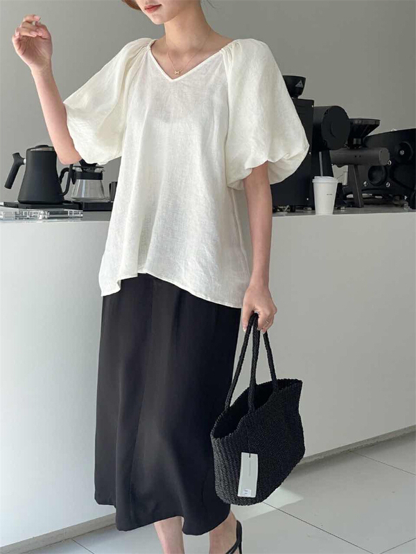 [the nice] cotton hemp bubble sleeve simple shirt a9205# hjy