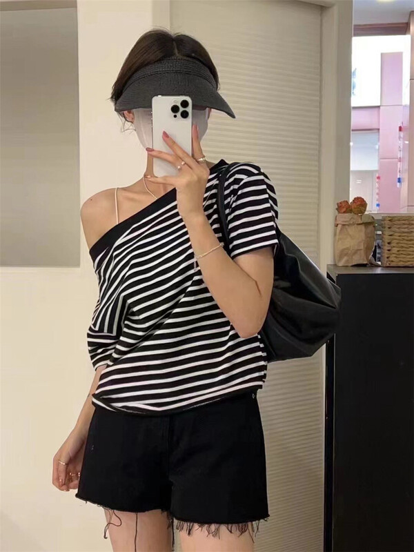 [if shop] Korean stripe versatile off shoulder short sleeve T-shirt 01329# CLS