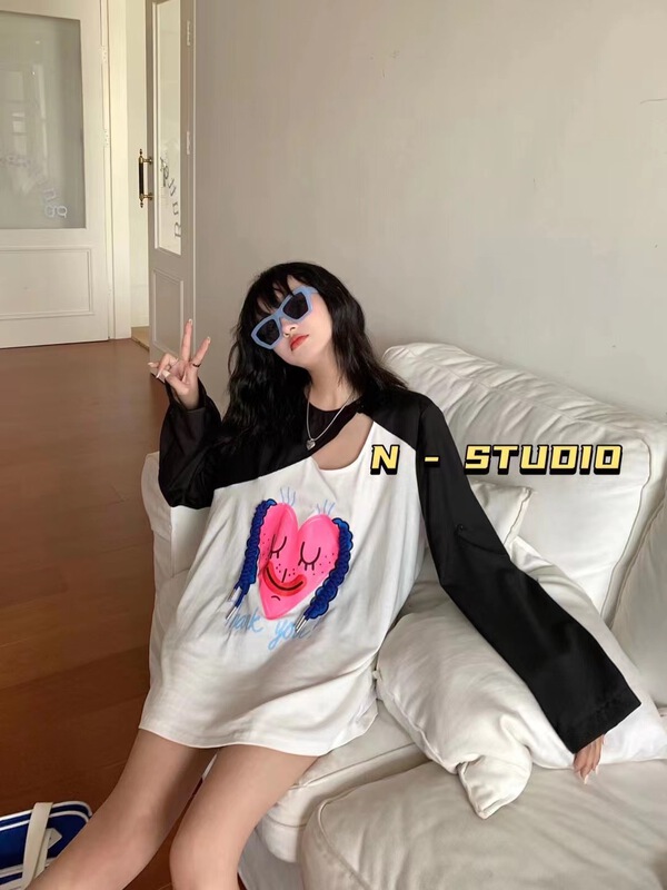 【N】 Korean personalized fake two piece long sleeved T-shirt (without bag) 0712# WTT