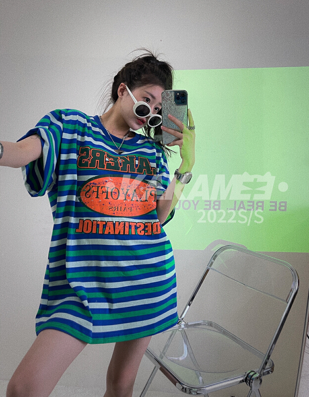 New in early summer! [kakamee] color spray letter stripe short sleeve T-shirt 3929# LSL