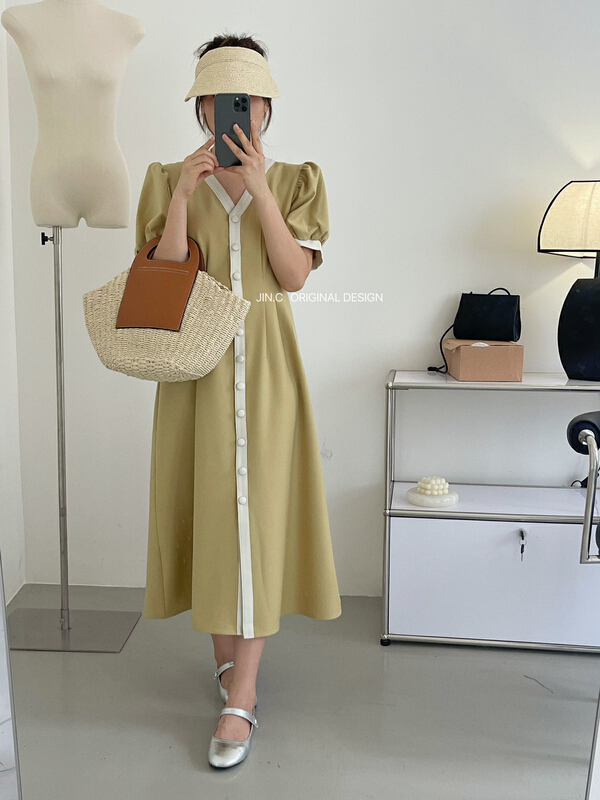 [Jin. C] Korean V-neck contrast stitching dress y105# XYY