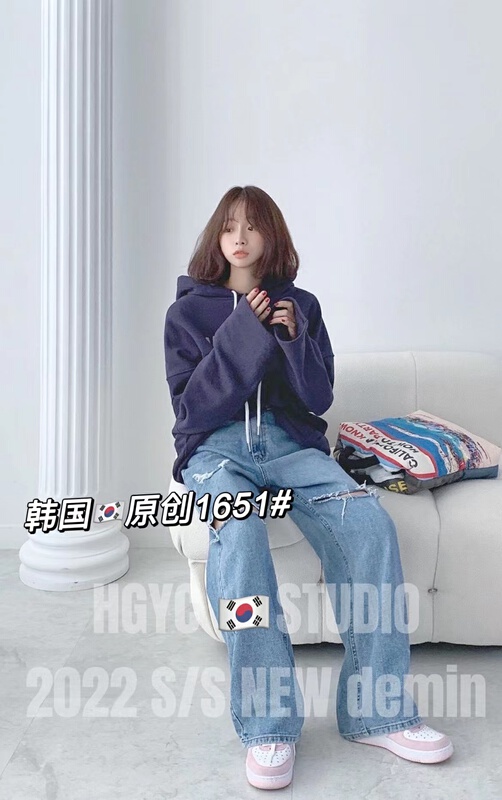 New year in early spring! [original in Korea] trendy personalized pierced wide leg jeans 1651# L