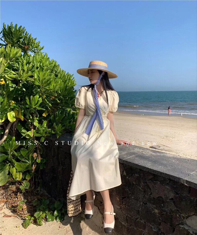 Original price 77.83! Five colors! [miss.c studio] French V-neck bubble sleeve dress 6612# zxx