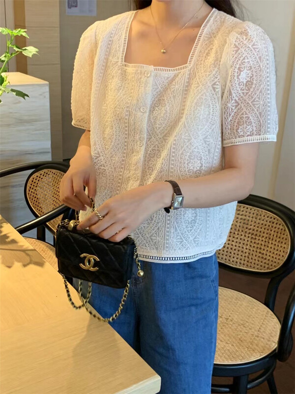 [Sicily] small square collar lace button up blouse 97376# XJ