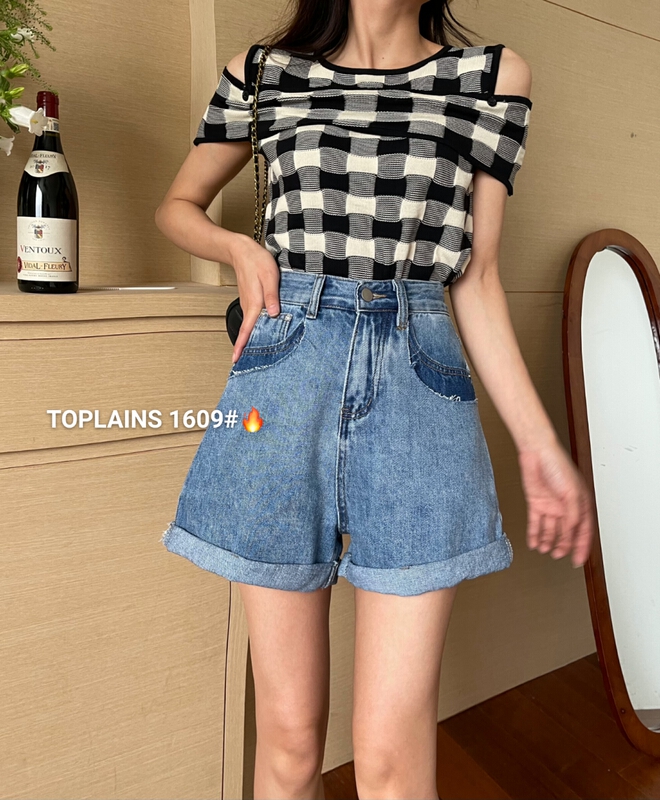 [Mi & Co Wu] fashion versatile slim pocket shadow design denim shorts t1609# hjy