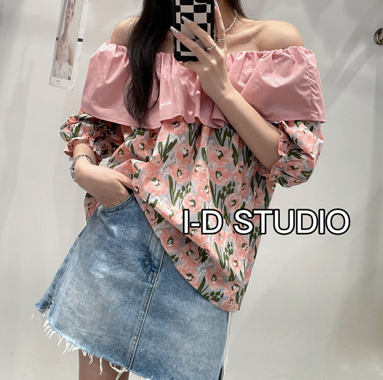 Original price 47.37! New in early summer! [I-D] herringbone shoulder floral pullover shirt 825# L