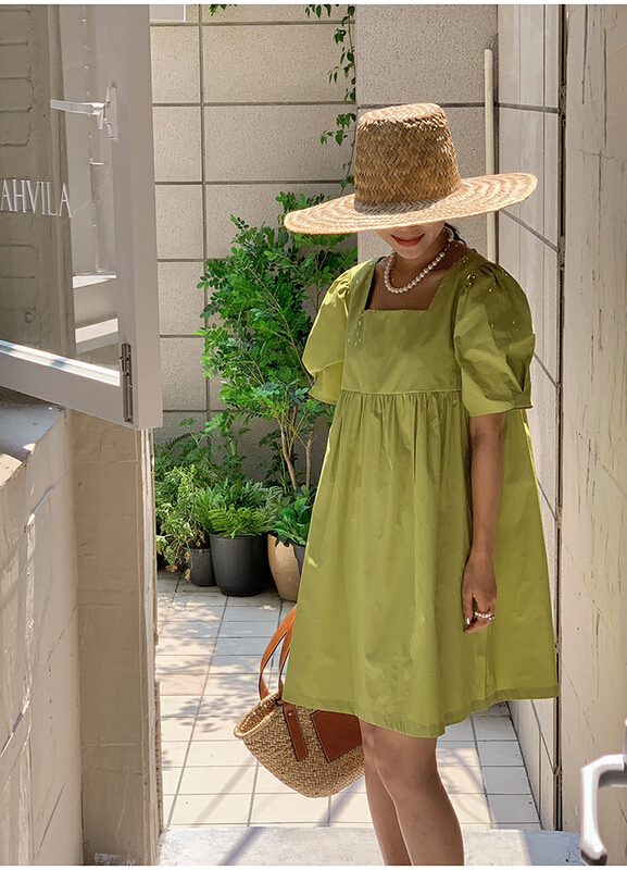 goods in stock! New in early summer! [the mind] ins Korean style solid color square neck dress 60299# XYJ
