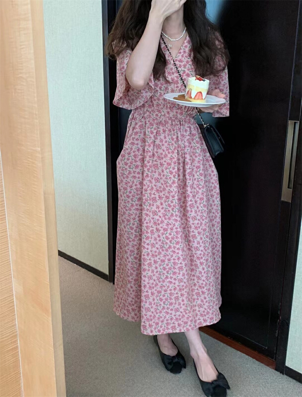 [buyer selection] Korean V-neck pink dress 7003# XJ