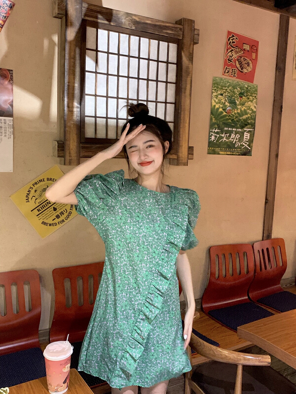 [timely rain] Han Feng ins retro sweet lotus leaf edge drawstring broken flower lace up dress 8911# WPL