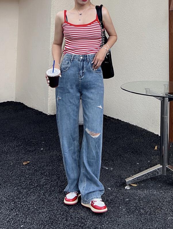 New in early summer! [hakie] soft thin material casual hole wide leg jeans 9970# ozq