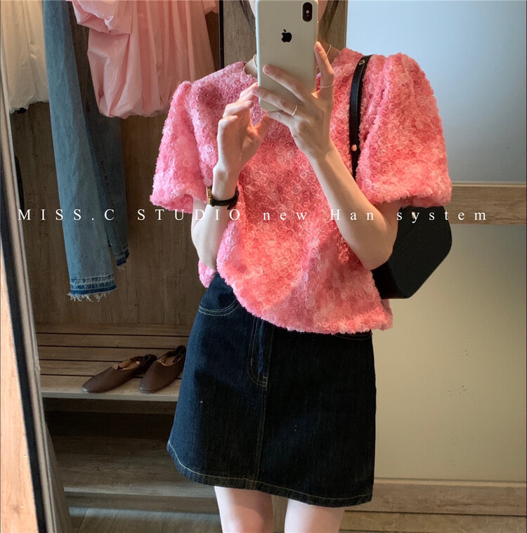 [miss. C studio] French heavy industry three-dimensional flower round neck T-shirt 1584# zxx