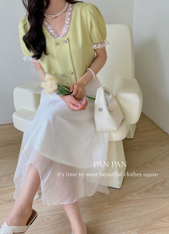 【PANPAN】韓系拼色蕾絲花邊雙排扣小衫  3297#  CQW