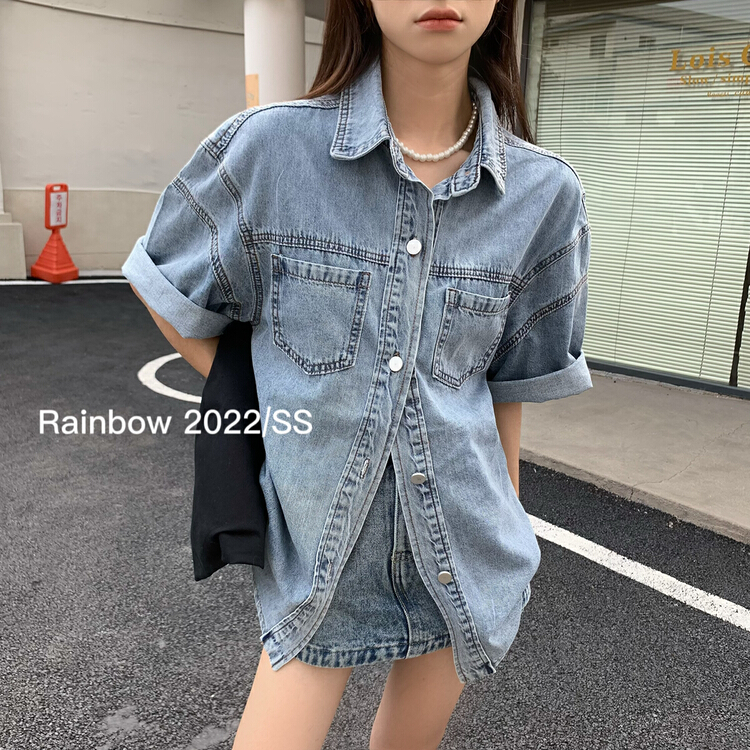 [Meet Rainbow] commuter Style Embroidered letters Denim Short Sleeve Shirt 8901-1# LSL