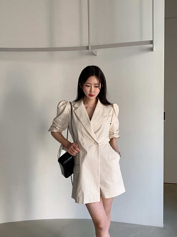 [smile baby] Korean Vintage Lapel shoulder pad pleated sleeve Jumpsuit b3100# WPL