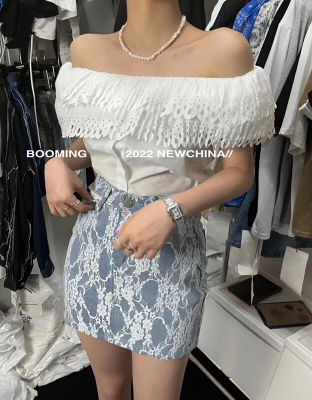 [looming] lace stitched denim skirt 2364# zxl