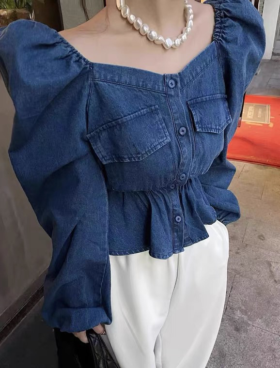 [c.h.z] slim waist with bubble sleeve denim shirt 90665# WTT