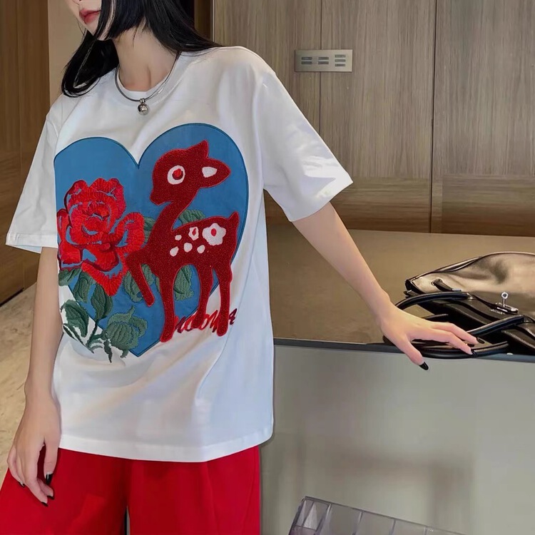 [Tutu] heavy industry flocking deer versatile short sleeve T-shirt c211# cqw