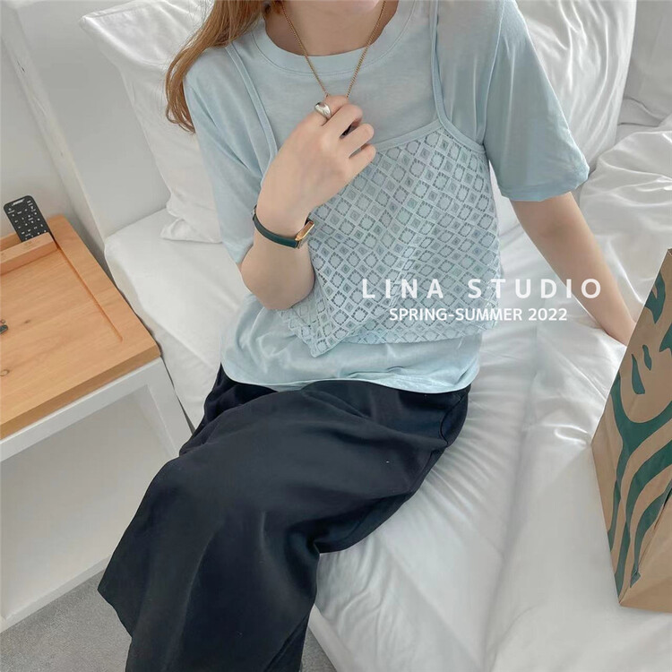 New in early summer! [Lina] Korean crew neck clean color versatile shirt (with sling) 8789-1# zxx