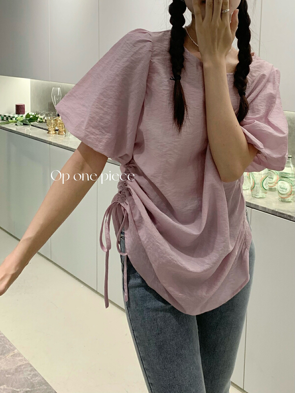 [OP one piece] Korean drawstring solid color thin short sleeve T-shirt op60057# hjy