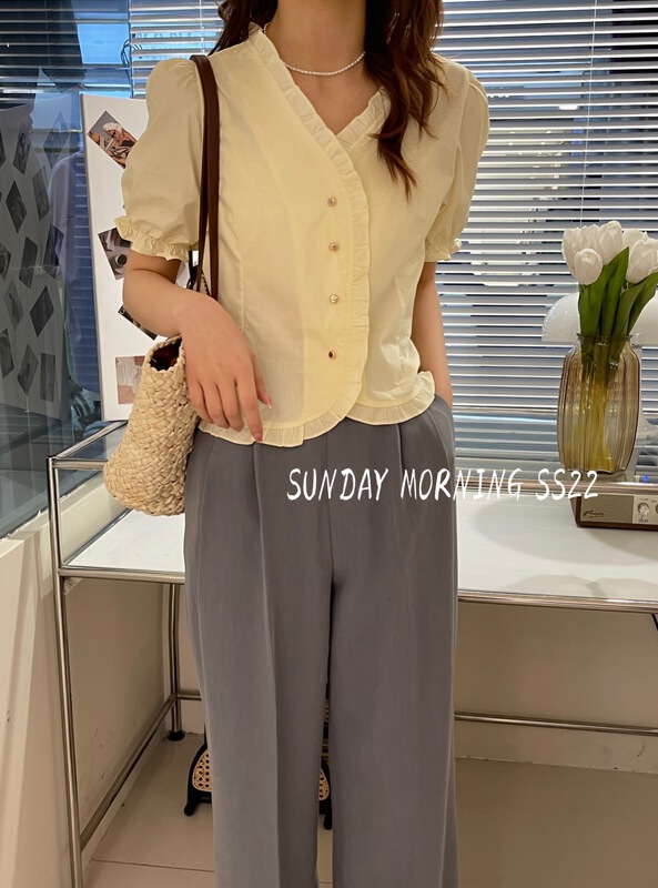 [Sunday morning] Korean version solid color fungus side button up blouse 9083# ZSY