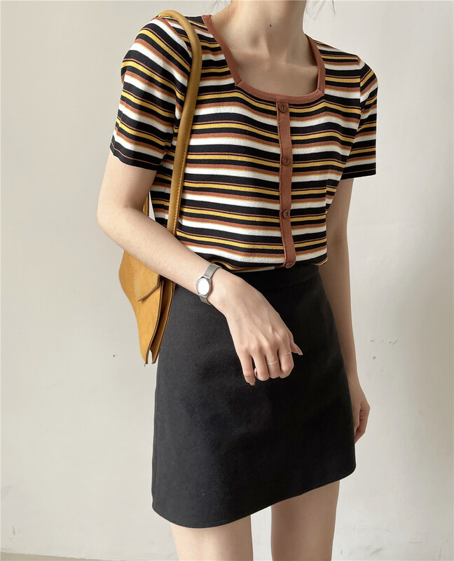 New in early summer! [six plus] simple Vintage stripe versatile square neck T-shirt 89700# CLS