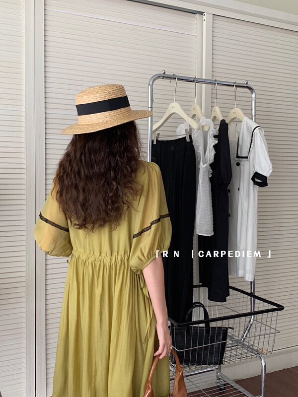 [R n] Korean color contrast design sweet and versatile temperament drawstring waist closing bubble sleeve dress 81019# ll