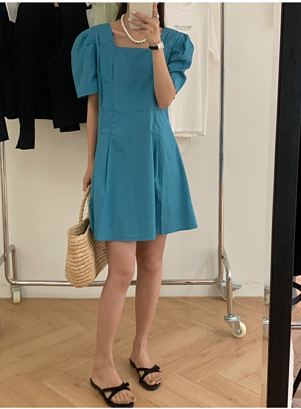 [the mind] Korean version square neck solid color temperament dress 60318# XYJ
