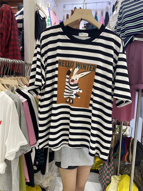 [Naikan Nik] Korean striped rabbit loose short sleeve T-shirt 9572# lwy