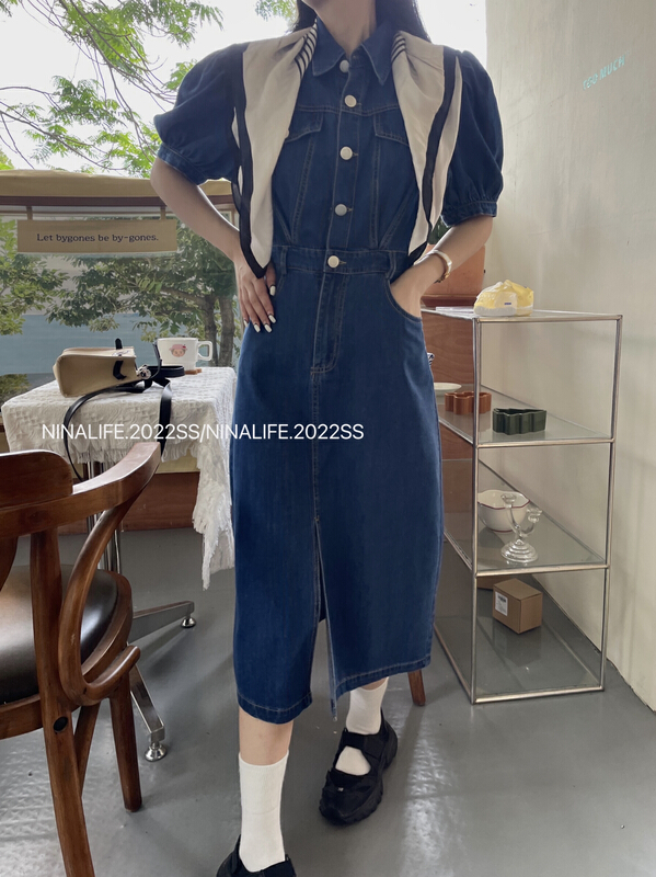 [Nina life] versatile casual shirt collar denim dress 3993\zxl