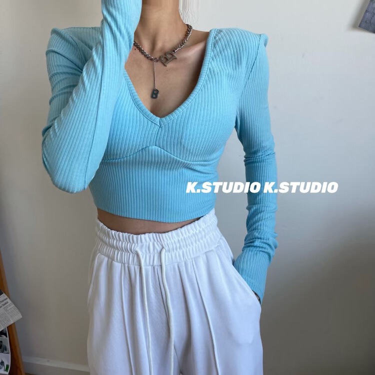 New year in early spring! [Kim studio] sexy V necktie bra slim fitting long sleeve T-shirt 3271# PCZ