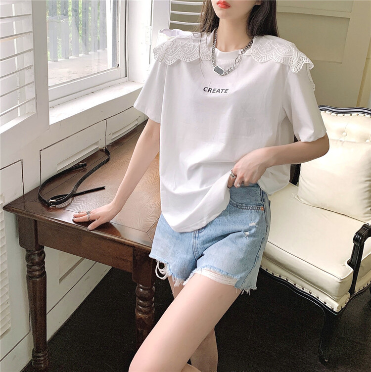 New in early summer! [shuilifang] letter embroidery fashion age reducing short sleeve T-shirt (excluding necklace) ys1-8118# LSL