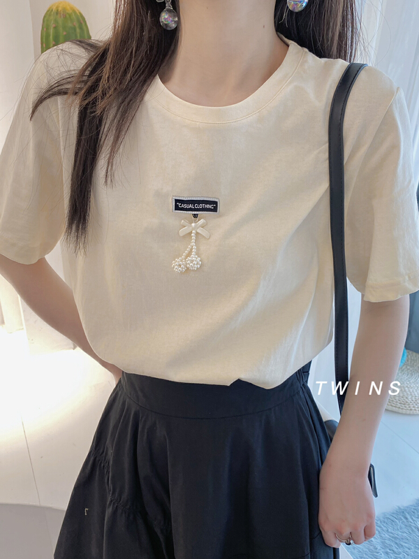 New year in early spring! [twins] versatile simple little cherry pendant short sleeve T-shirt 3026# hjy