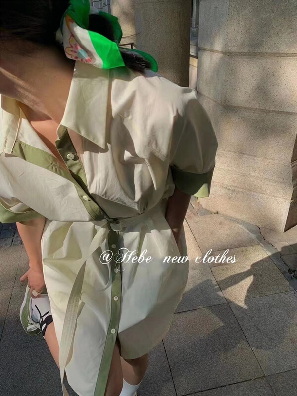 New in early summer! [Hebe] Korean simple color contrast dress (with belt) 8050# XYJ