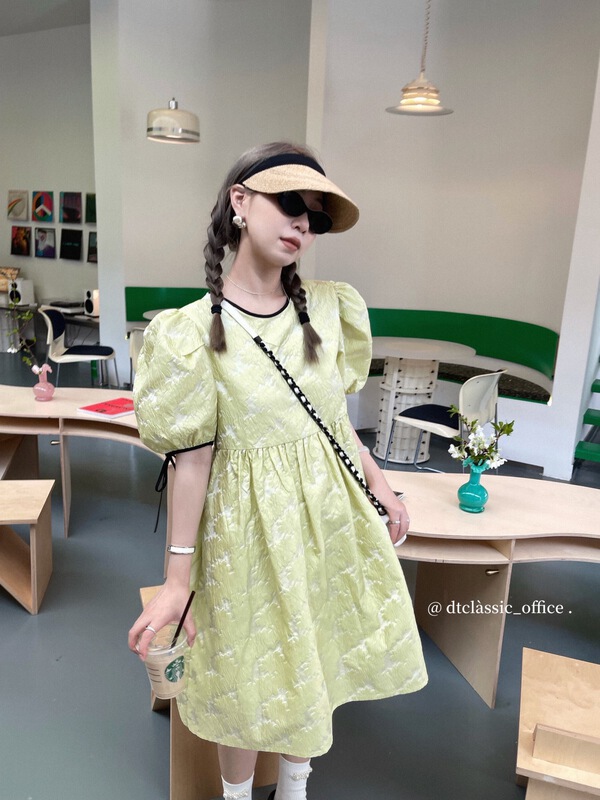 goods in stock! New in early summer! [DT class] bubble sleeve contrast Jacquard Dress 4676# XYJ