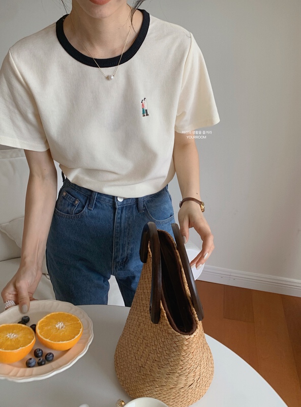 [your room] Korean villain embroidered color contrast short sleeve T-shirt 309# cqw