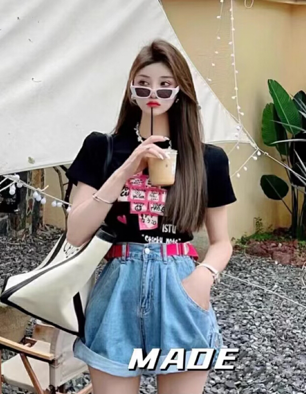 [JH] net red pattern cotton T-shirt + wash water Jeans Shorts Set (only sell set) 41663# PCZ