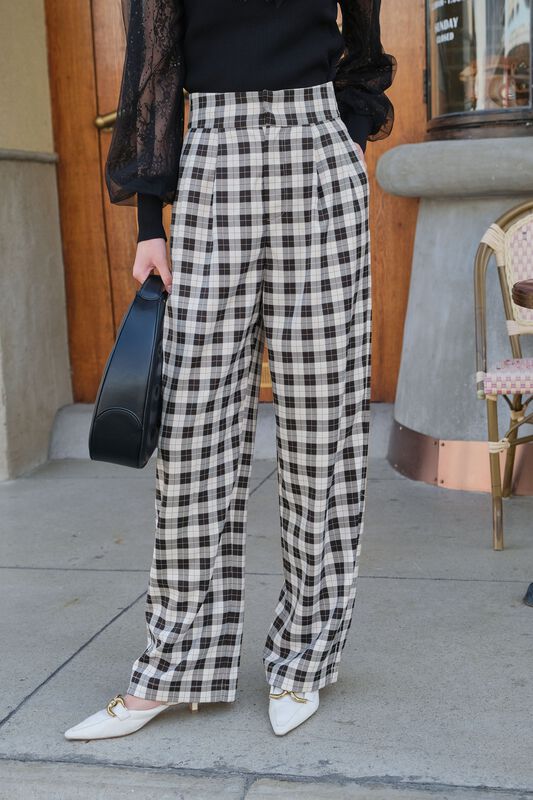 [Hanna Hanna] Plaid wide leg slim high waist straight casual pants 3052# XJ