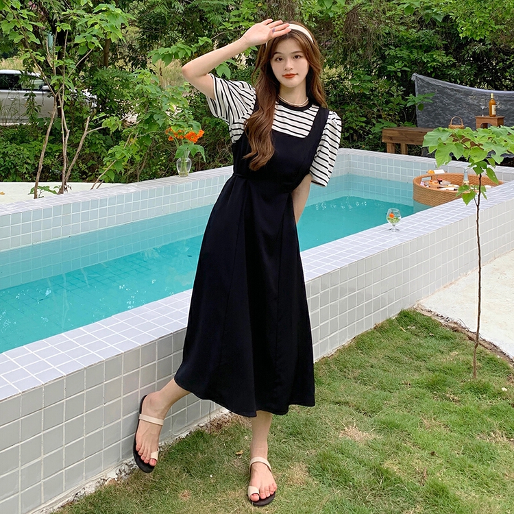 [YG] Korean striped bubble sleeve short sleeve T-shirt + solid color waistband vest skirt two piece suit 8694# lwy