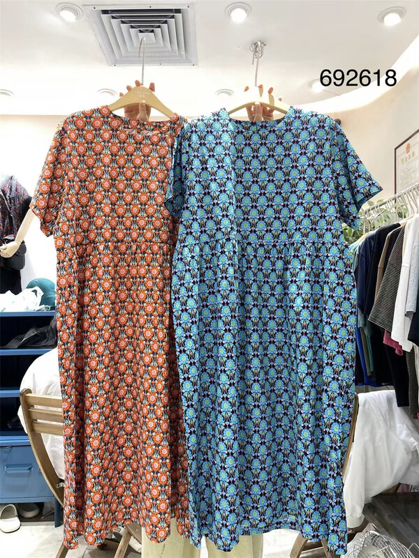 [twenty printed wood] Vintage elegant round neck loose dress dress 692618# L