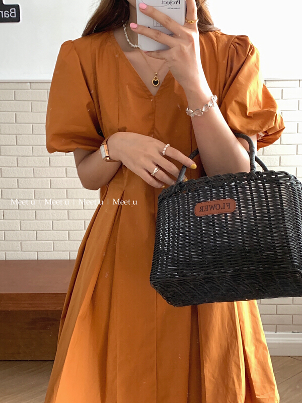 [meetu] V-neck temperament small fresh dress 22207# HBx