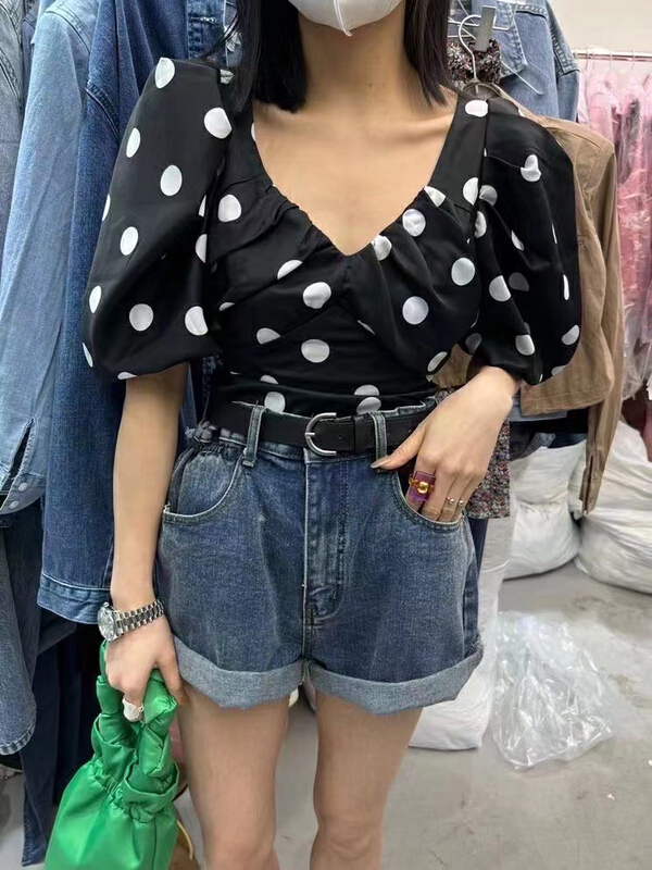 [MI] fashionable and foreign style backless V-neck wave point blouse (only selling blouses) 9071# PCZ