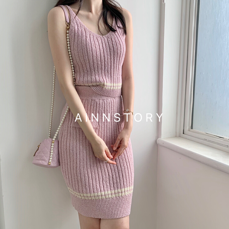 New in early summer! [ainnstory] V-neck sling Knitted Vest + high waist slim skirt suit c190# HBx